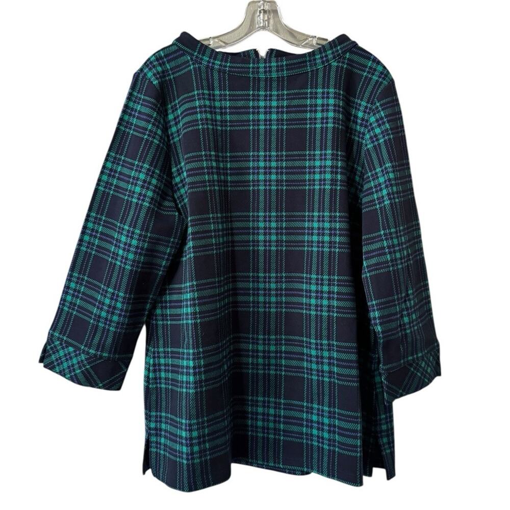 Talbots Funnel Neck Top Plaid Green Blue Back Zip Holiday Christmas Size XL City